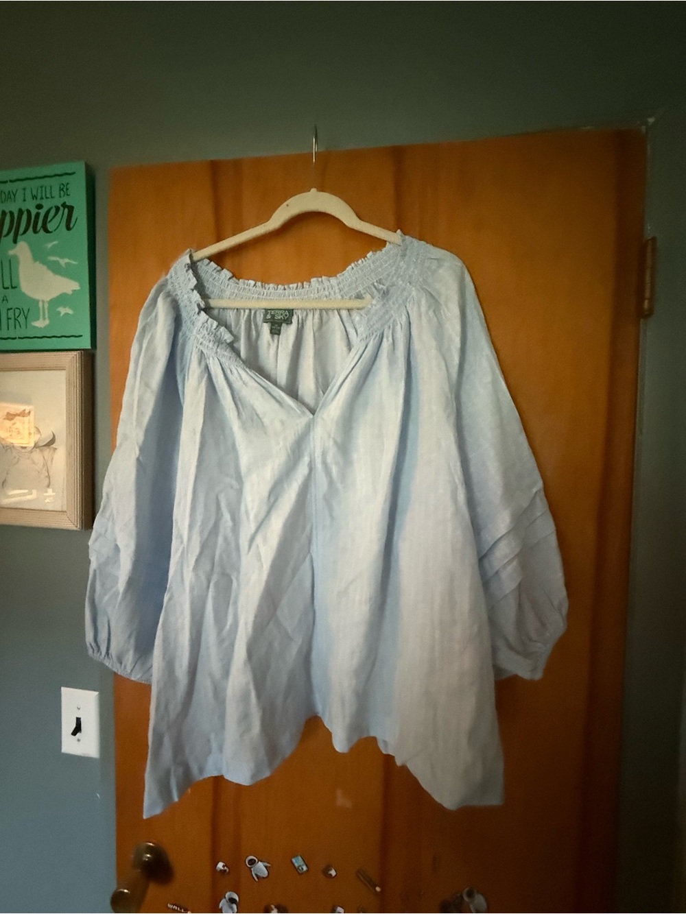 Terra & Sky Light Blue Peasant Blouse with Balloon Sleeves